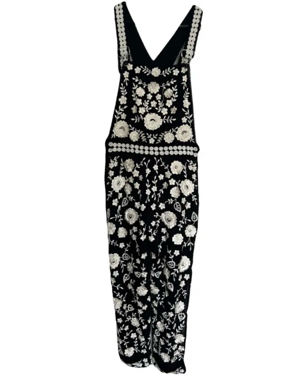Black Embroidered Floral Overalls